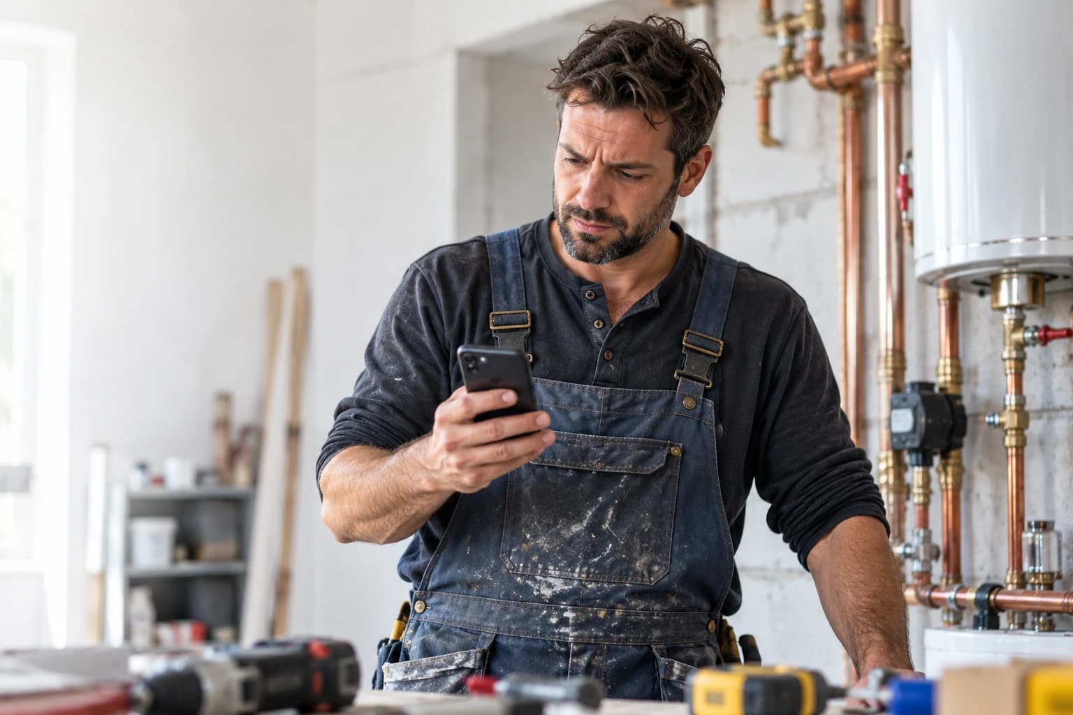 Un artisan consulte une demande sur son téléphone, entre deux gestes sur son chantier.